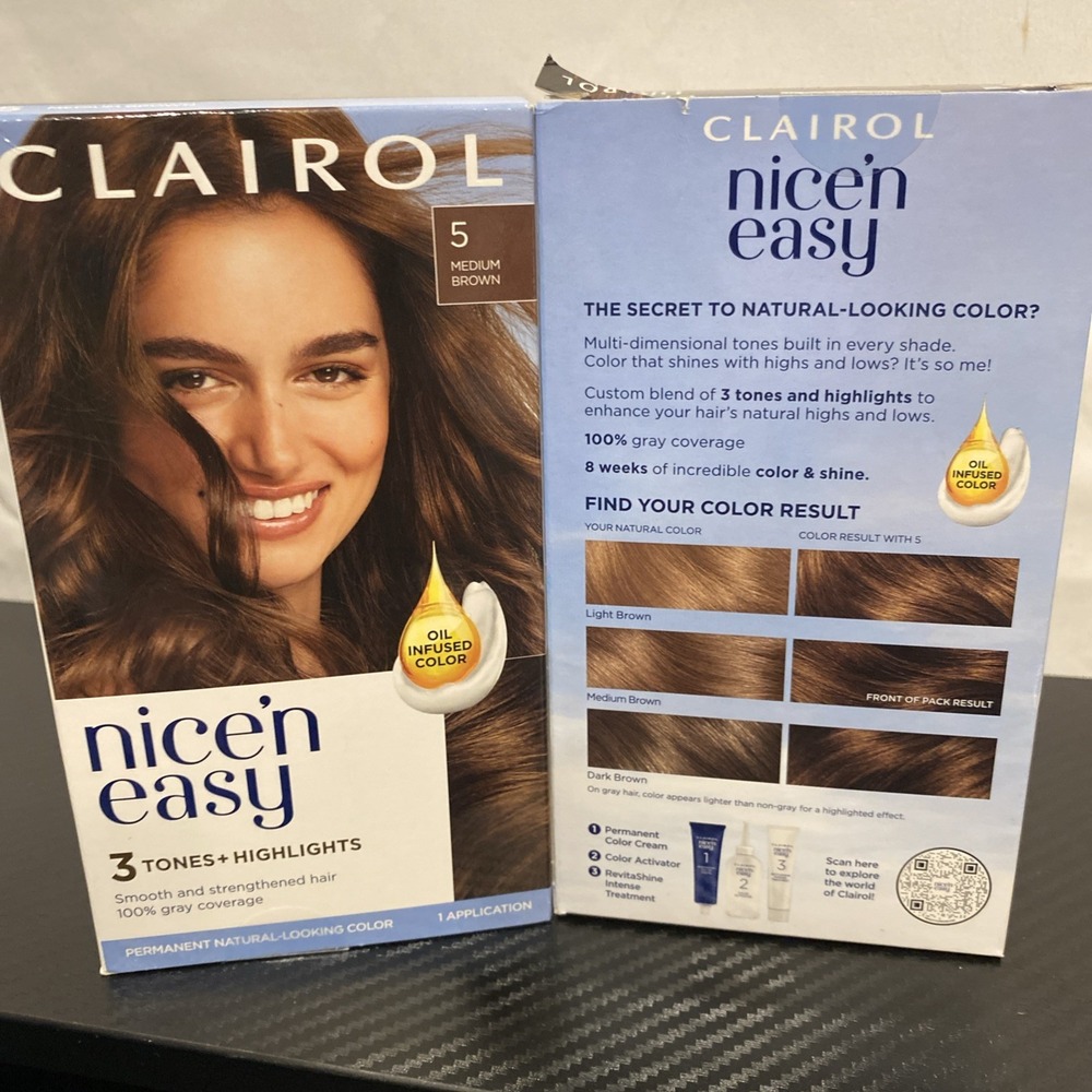 LOT OF TWO! Clairol Nice'n Easy Permanent‎ Hair Color Hair dyes-shade #5 Med Brn
